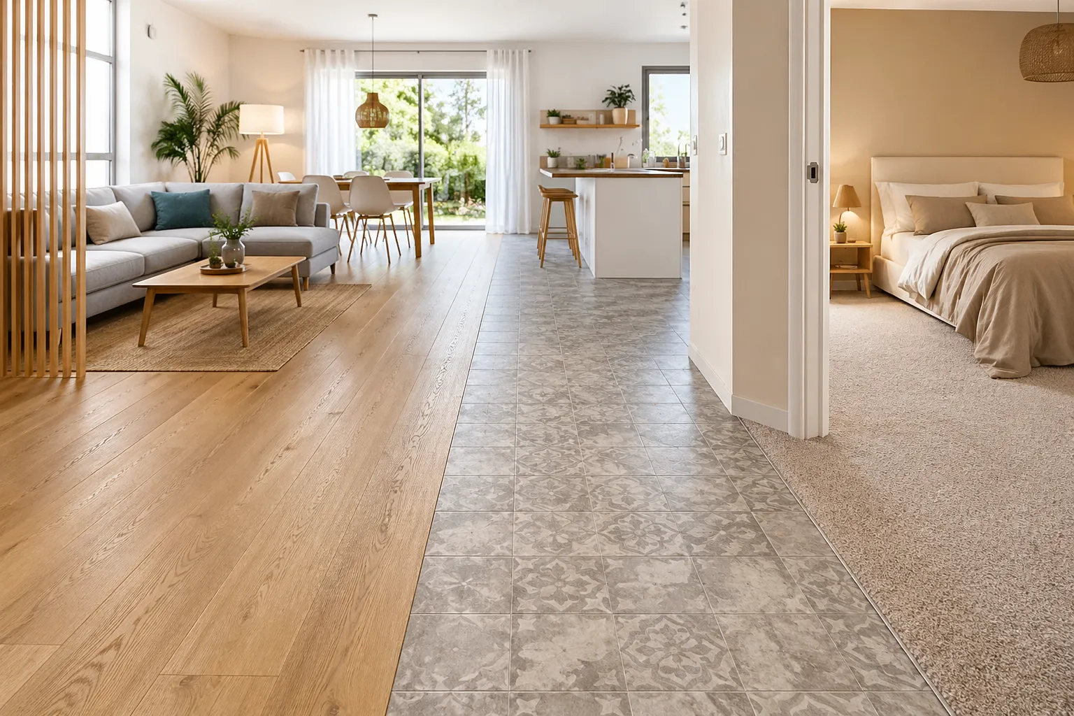 Pose parquet flottant chêne salon, sol souple PVC imitation carreaux ciment, rénovation sol chambre moquette, artisan poseur sol 02, lames LVT clipsables cuisine.