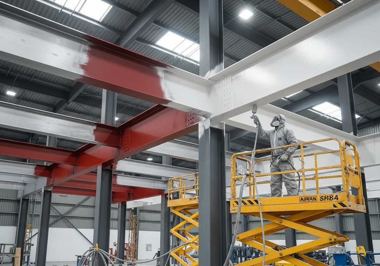 Peinture intumescente poutre métallique, protection incendie charpente acier, application peinture anti rouille industrielle, peintre industriel 02, traitement anti corrosion structure.