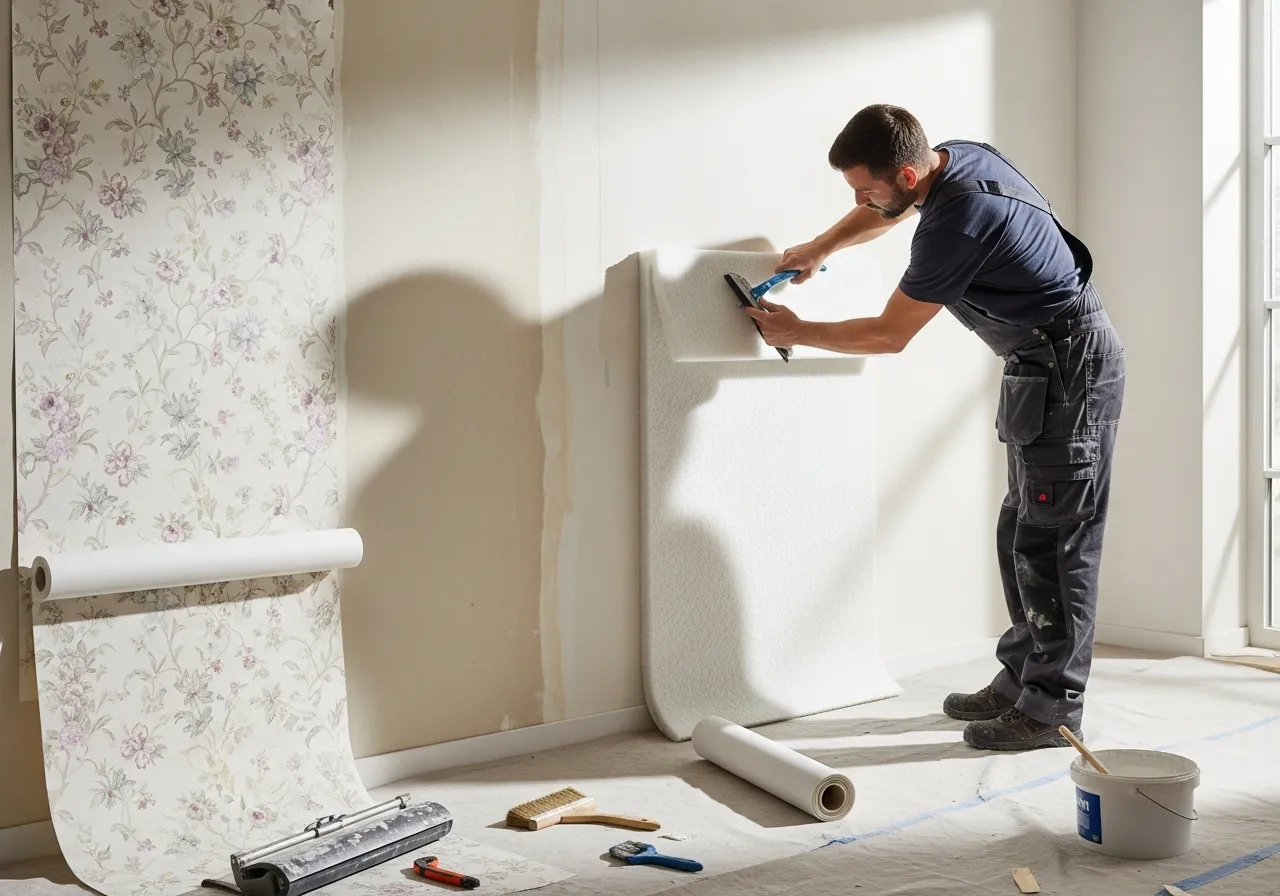 Pose papier peint chambre motif floral, tapissier 02 en action, rénovation murs abîmés fibre de verre, pose toile de rénovation lisse, artisan peintre Villers Cotterêts.