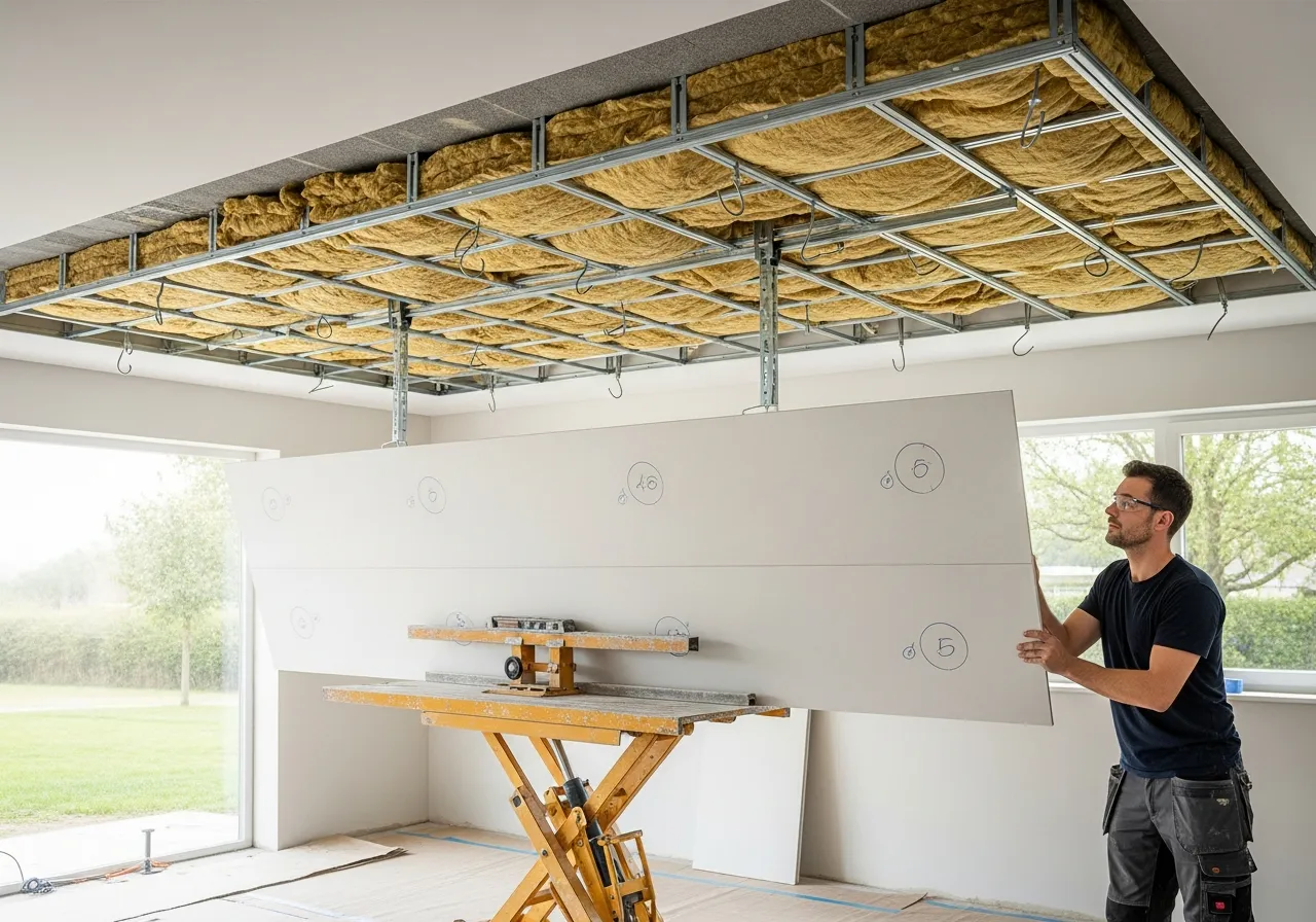 Pose faux plafond suspendu ossature métallique, plaquiste Villers Cotterêts chantier, spots encastrés plafond salon, isolation laine de verre plafond, rénovation plafond ancien fissuré.