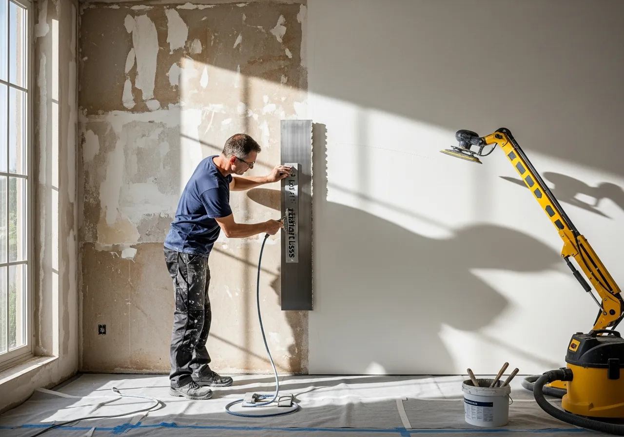 Artisan appliquant enduit de lissage mur, ratissage complet mur avant peinture, ponçage mécanique sans poussière, préparation support peinture rénovation, peintre enduiseur 02.